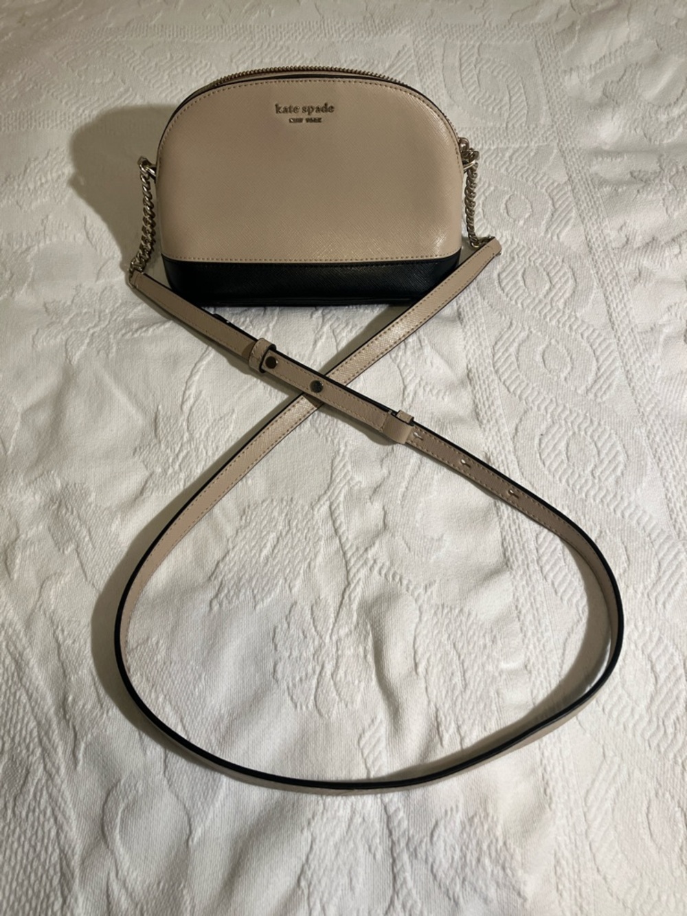 Beige and Black Crossbody Bag with Chain Accent - Picture 8 of 12